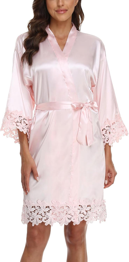 Women's Lace Trim Robe Bride Bridesmaid Kimono Robes Silky Satin Bathrobe