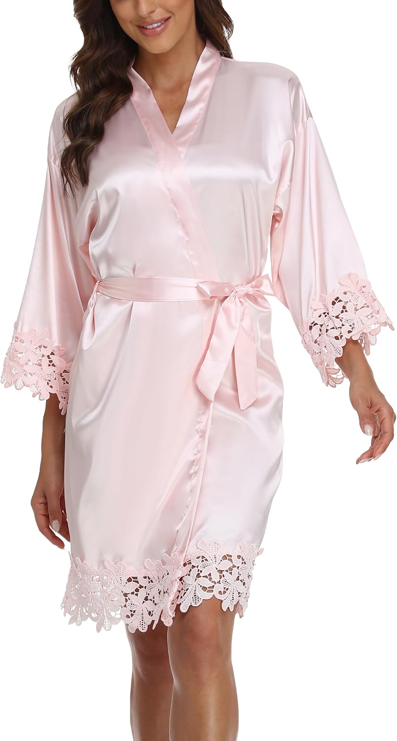 Women's Lace Trim Robe Bride Bridesmaid Kimono Robes Silky Satin Bathrobe