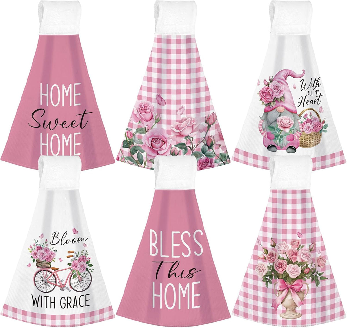 6 Pcs Hanging Kitchen Towels with Loop, Pink Rose
