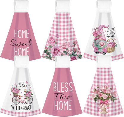 6 Pcs Hanging Kitchen Towels with Loop, Pink Rose