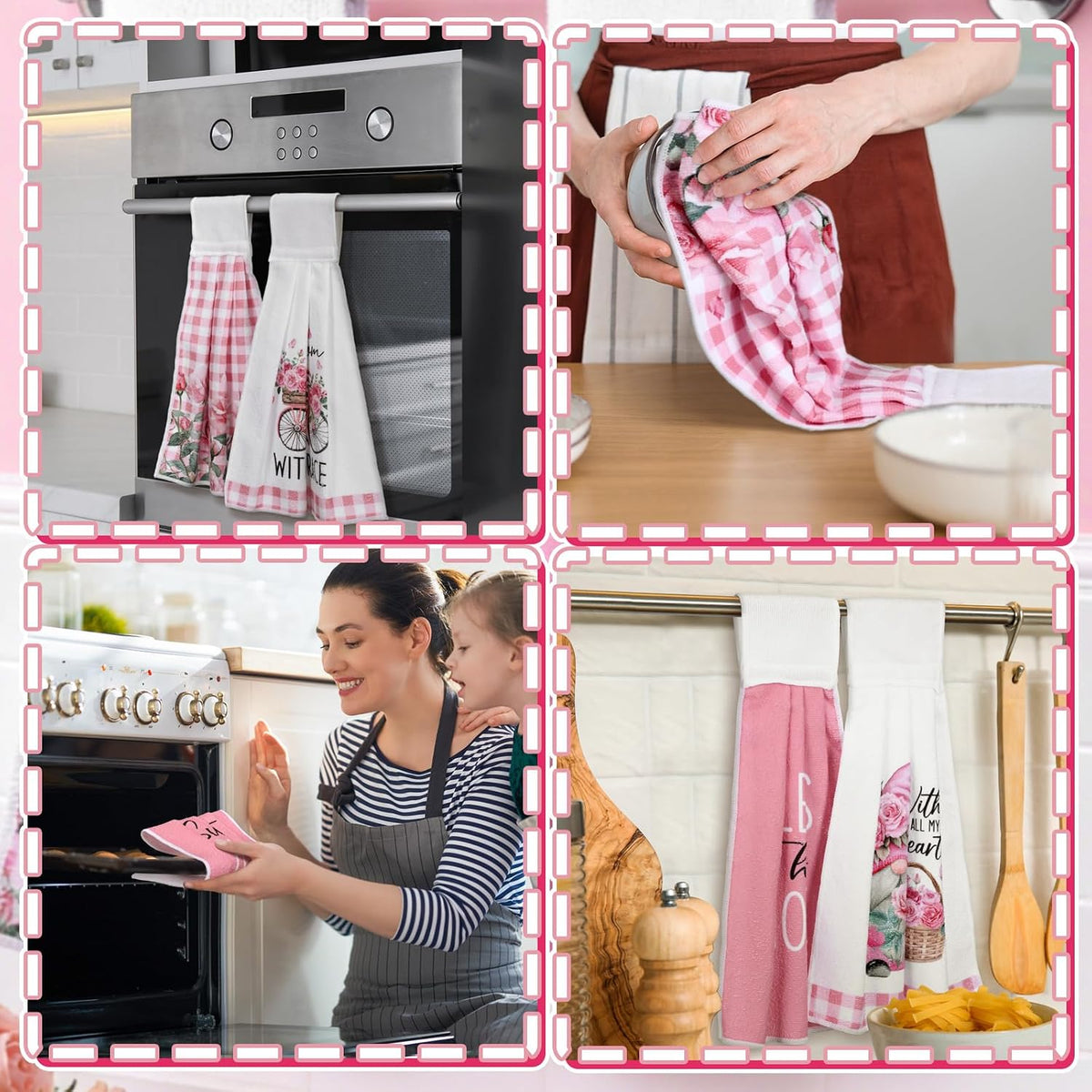 6 Pcs Hanging Kitchen Towels with Loop, Pink Rose