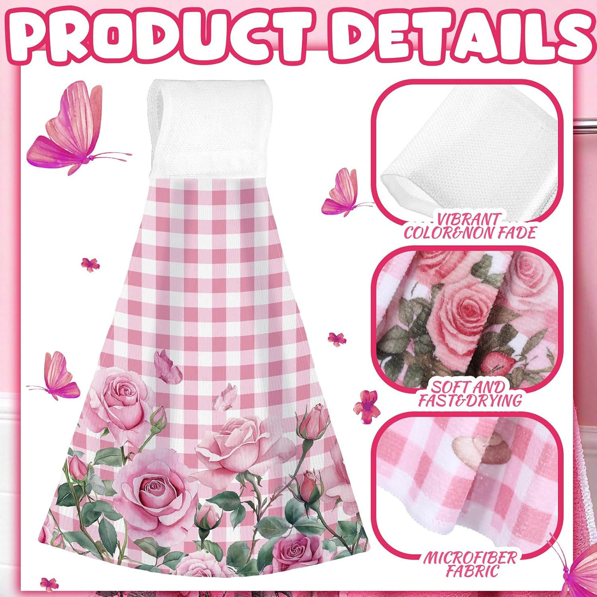 6 Pcs Hanging Kitchen Towels with Loop, Pink Rose