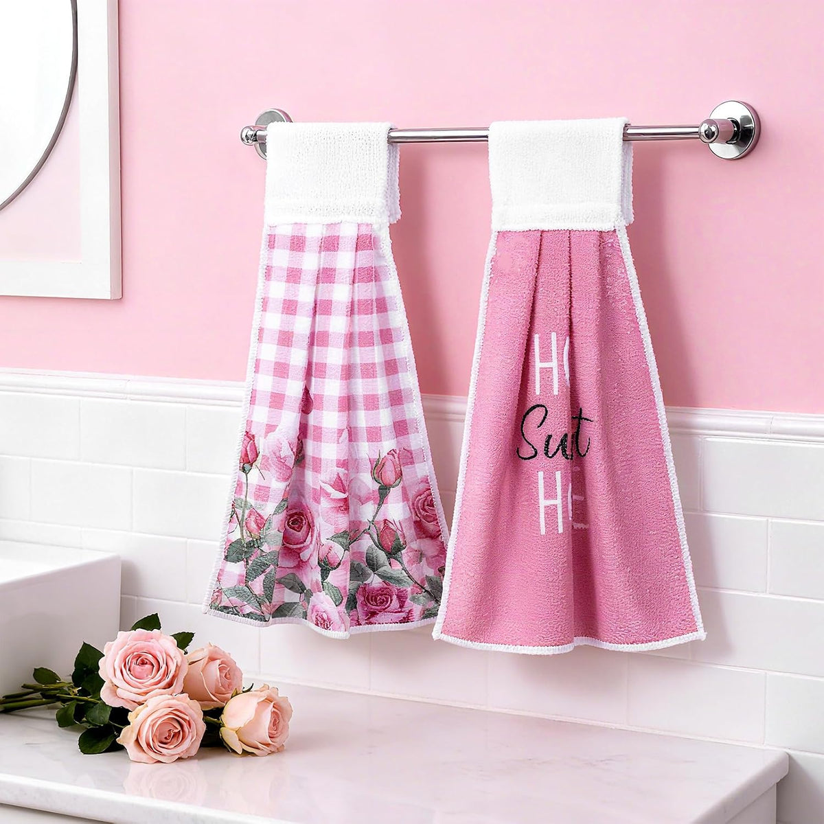 6 Pcs Hanging Kitchen Towels with Loop, Pink Rose