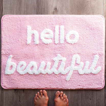 Hello Beautiful Bath Mat Light Pink Blush Peach Coral Cute Bathroom Rugs for Girls You Look Good Gorgeous Funny Shower Fun Bathroom Decor Non-Slip Washable Kids Women