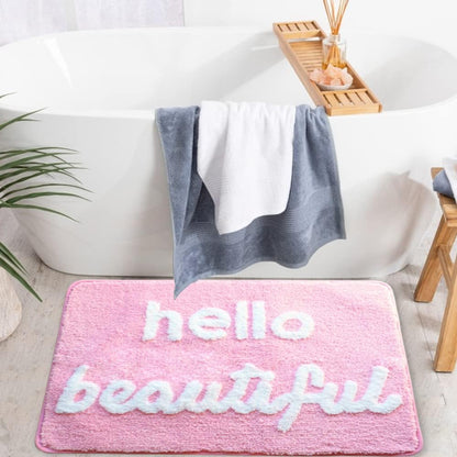 Hello Beautiful Bath Mat Light Pink Blush Peach Coral Cute Bathroom Rugs for Girls You Look Good Gorgeous Funny Shower Fun Bathroom Decor Non-Slip Washable Kids Women