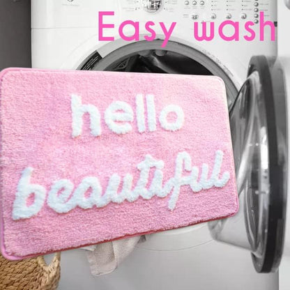 Hello Beautiful Bath Mat Light Pink Blush Peach Coral Cute Bathroom Rugs for Girls You Look Good Gorgeous Funny Shower Fun Bathroom Decor Non-Slip Washable Kids Women