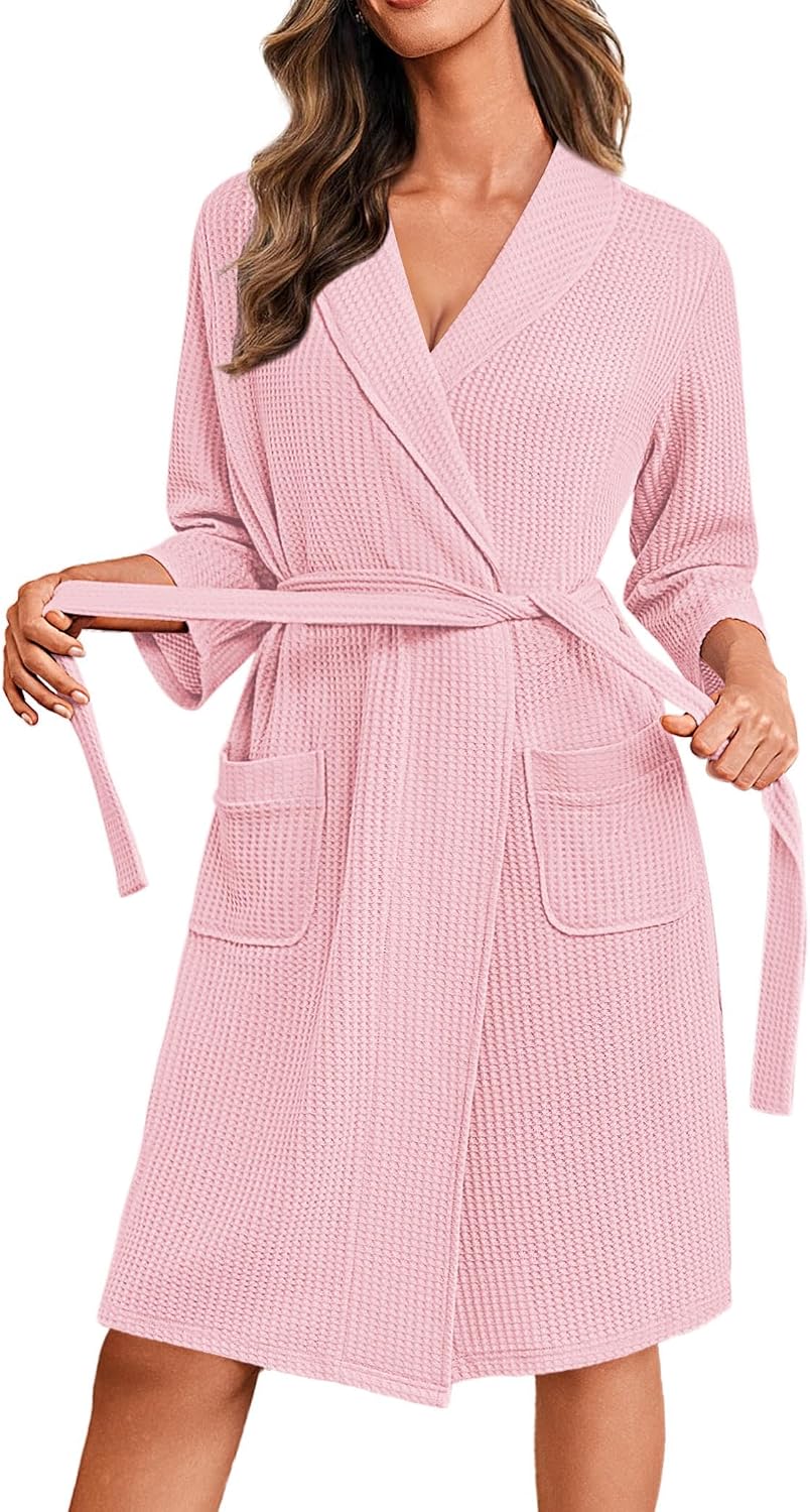 Robes for Women Waffle Knit Kimono Bathrobe Loungewear with Pockets