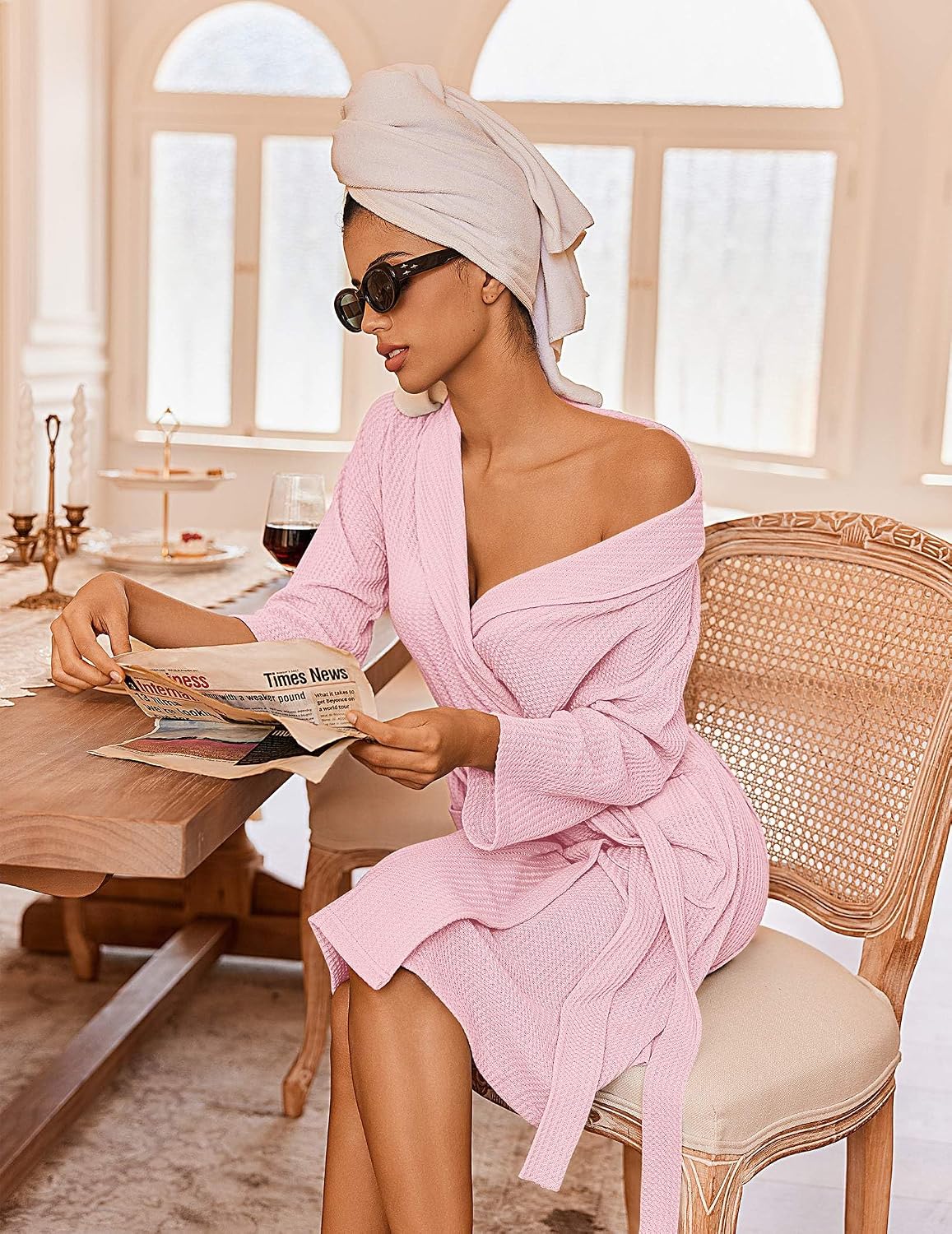 Robes for Women Waffle Knit Kimono Bathrobe Loungewear with Pockets