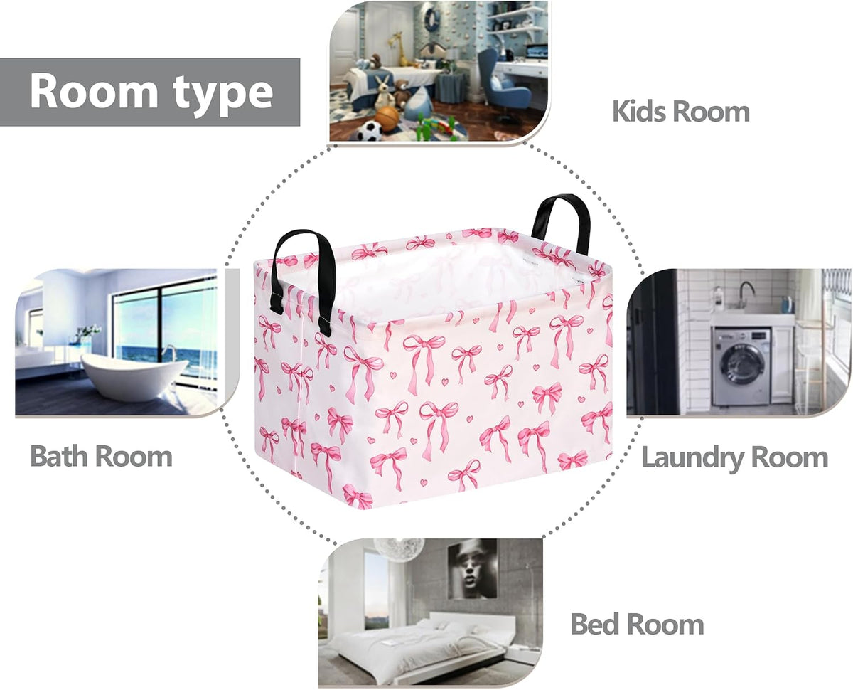 Pink Bowknot Girls Gifts Storage Box Clothes Hamper Basket Collapsible Organizer Bin Toys Shelf Baskets for Home Bedroom Decor