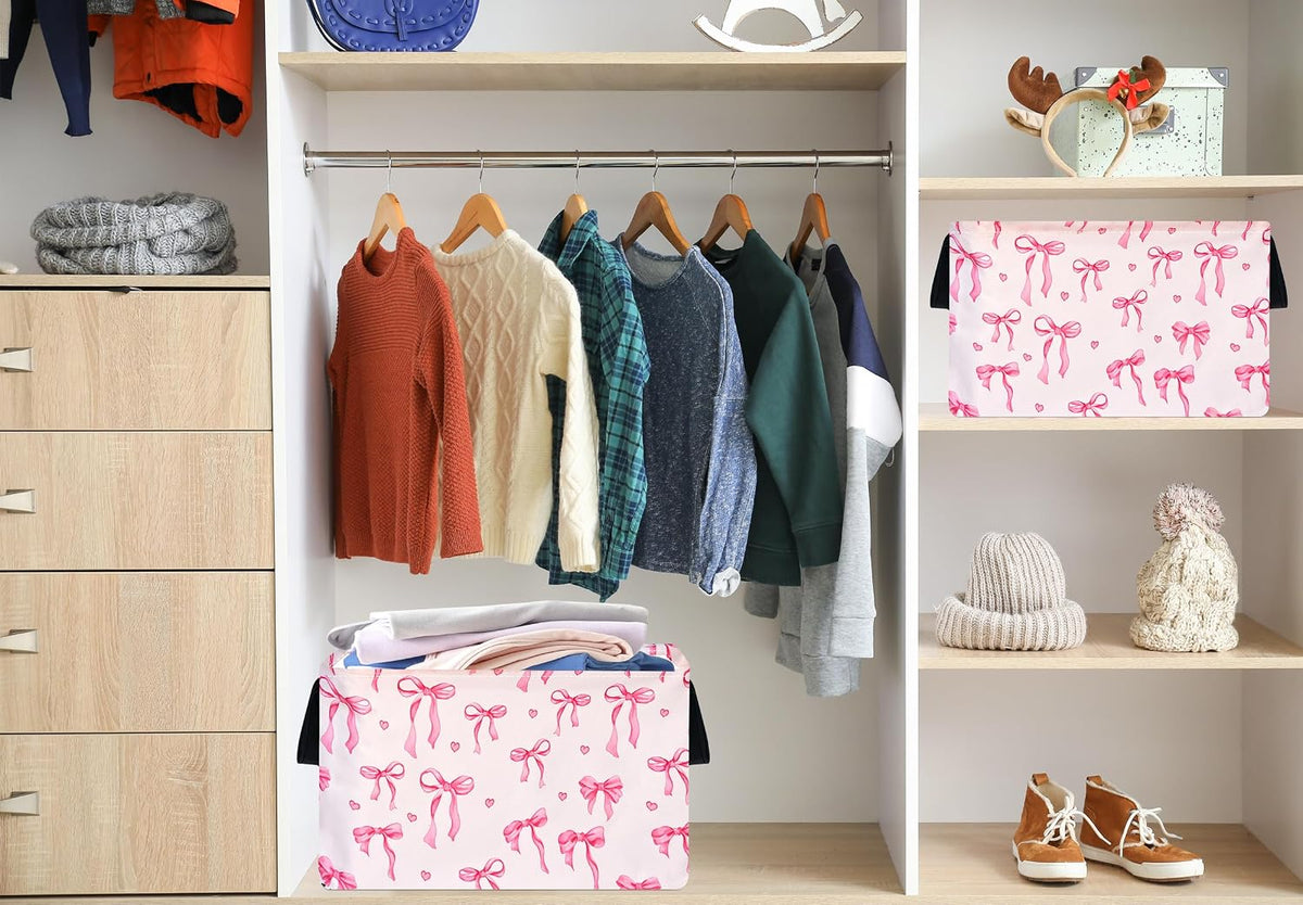 Pink Bowknot Girls Gifts Storage Box Clothes Hamper Basket Collapsible Organizer Bin Toys Shelf Baskets for Home Bedroom Decor
