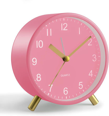 Analog Alarm Clock, 4 inch Super Silent Non Ticking Small Clock with Night Light, Battery Operated, Simple Design, Easy Setting for Office, Bedroom, Bedside, Desk, Teens, Elders, Adult, Pink