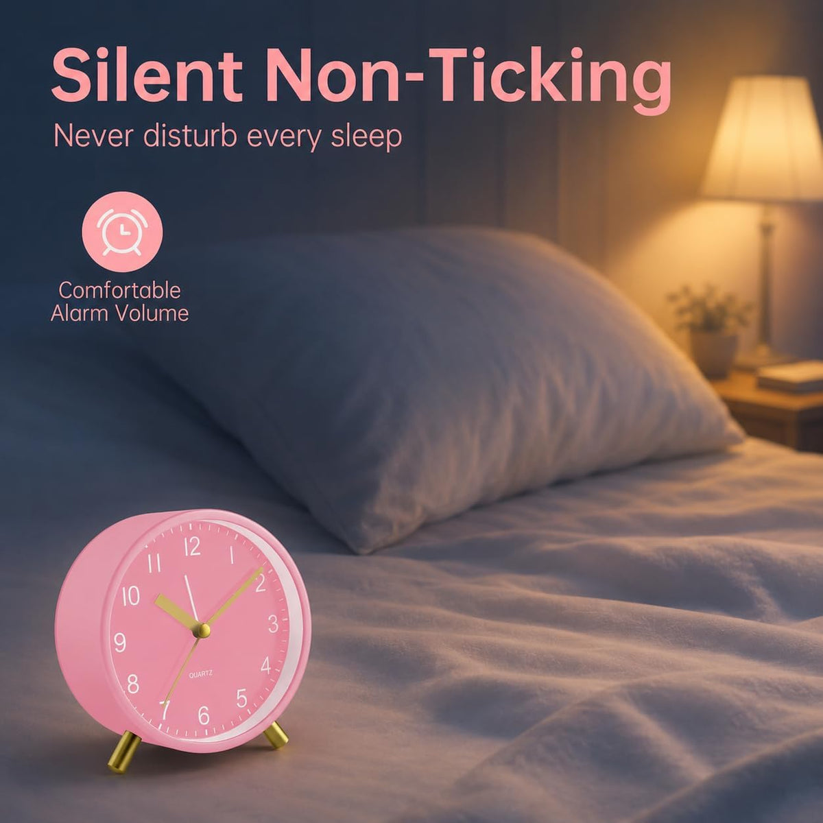 Analog Alarm Clock, 4 inch Super Silent Non Ticking Small Clock with Night Light, Battery Operated, Simple Design, Easy Setting for Office, Bedroom, Bedside, Desk, Teens, Elders, Adult, Pink