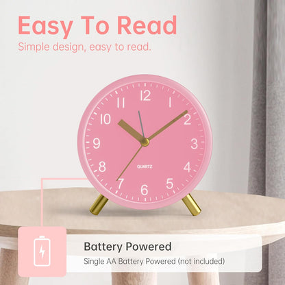 Analog Alarm Clock, 4 inch Super Silent Non Ticking Small Clock with Night Light, Battery Operated, Simple Design, Easy Setting for Office, Bedroom, Bedside, Desk, Teens, Elders, Adult, Pink