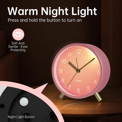 Analog Alarm Clock, 4 inch Super Silent Non Ticking Small Clock with Night Light, Battery Operated, Simple Design, Easy Setting for Office, Bedroom, Bedside, Desk, Teens, Elders, Adult, Pink
