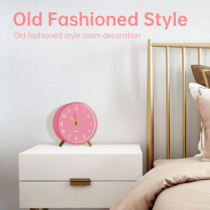 Analog Alarm Clock, 4 inch Super Silent Non Ticking Small Clock with Night Light, Battery Operated, Simple Design, Easy Setting for Office, Bedroom, Bedside, Desk, Teens, Elders, Adult, Pink