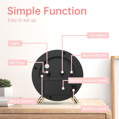 Analog Alarm Clock, 4 inch Super Silent Non Ticking Small Clock with Night Light, Battery Operated, Simple Design, Easy Setting for Office, Bedroom, Bedside, Desk, Teens, Elders, Adult, Pink