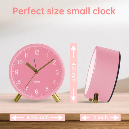 Analog Alarm Clock, 4 inch Super Silent Non Ticking Small Clock with Night Light, Battery Operated, Simple Design, Easy Setting for Office, Bedroom, Bedside, Desk, Teens, Elders, Adult, Pink