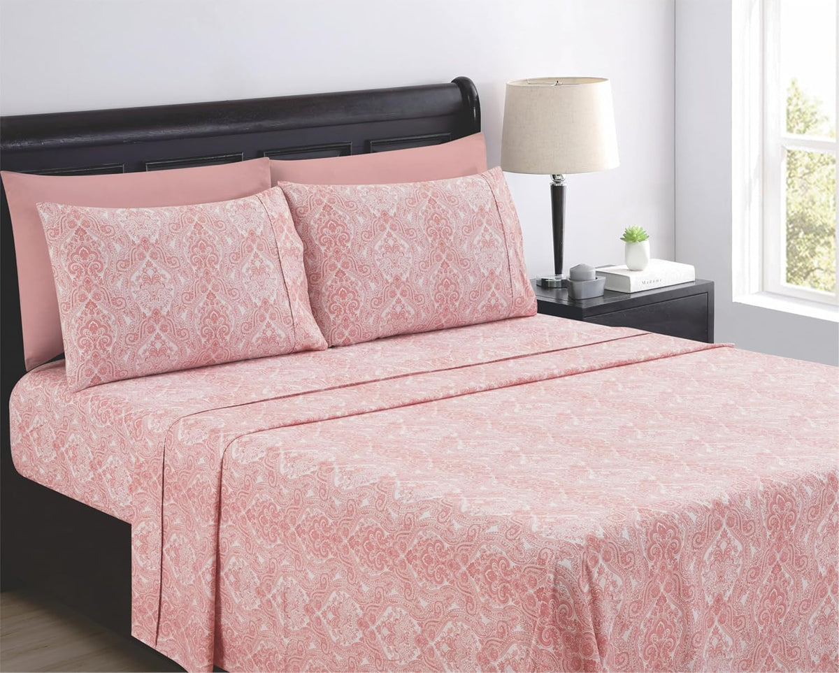 Home 6-Piece Elegant Bed Sheet Set - Full, Soft Pink Paisley