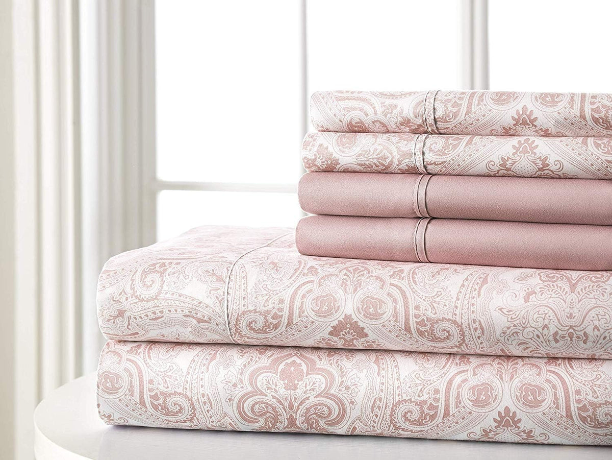Home 6-Piece Elegant Bed Sheet Set - Full, Soft Pink Paisley