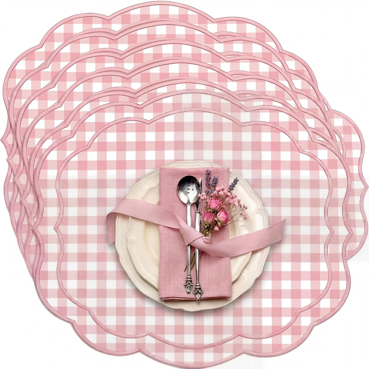 6 Set Gingham Placemat 17" x 13" Cotton Linen Placemat, Pink
