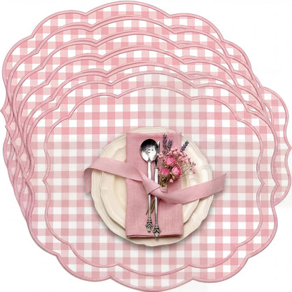 6 Set Gingham Placemat 17" x 13" Cotton Linen Placemat, Pink