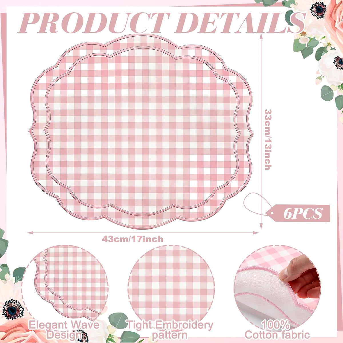 6 Set Gingham Placemat 17" x 13" Cotton Linen Placemat, Pink
