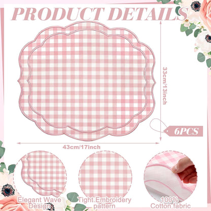6 Set Gingham Placemat 17" x 13" Cotton Linen Placemat, Pink