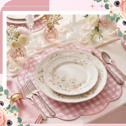 6 Set Gingham Placemat 17" x 13" Cotton Linen Placemat, Pink