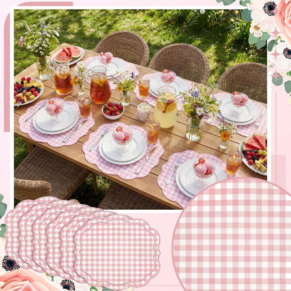 6 Set Gingham Placemat 17" x 13" Cotton Linen Placemat, Pink