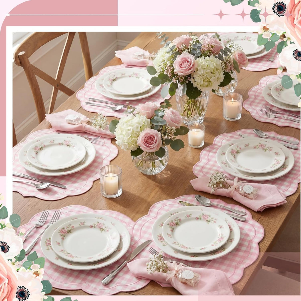 6 Set Gingham Placemat 17" x 13" Cotton Linen Placemat, Pink