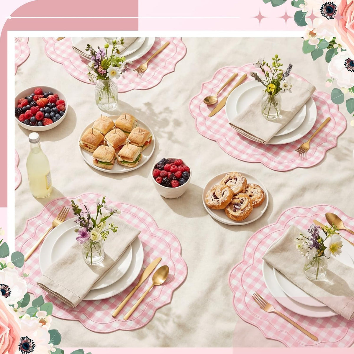 6 Set Gingham Placemat 17" x 13" Cotton Linen Placemat, Pink