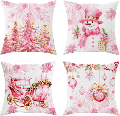 Christmas Pillow Covers 18x18 Set of 4,Cute Snowman Throw Pillow Covers Velvet Pink,Christmas Decor for Home Couch Cushion Sofa Living Room