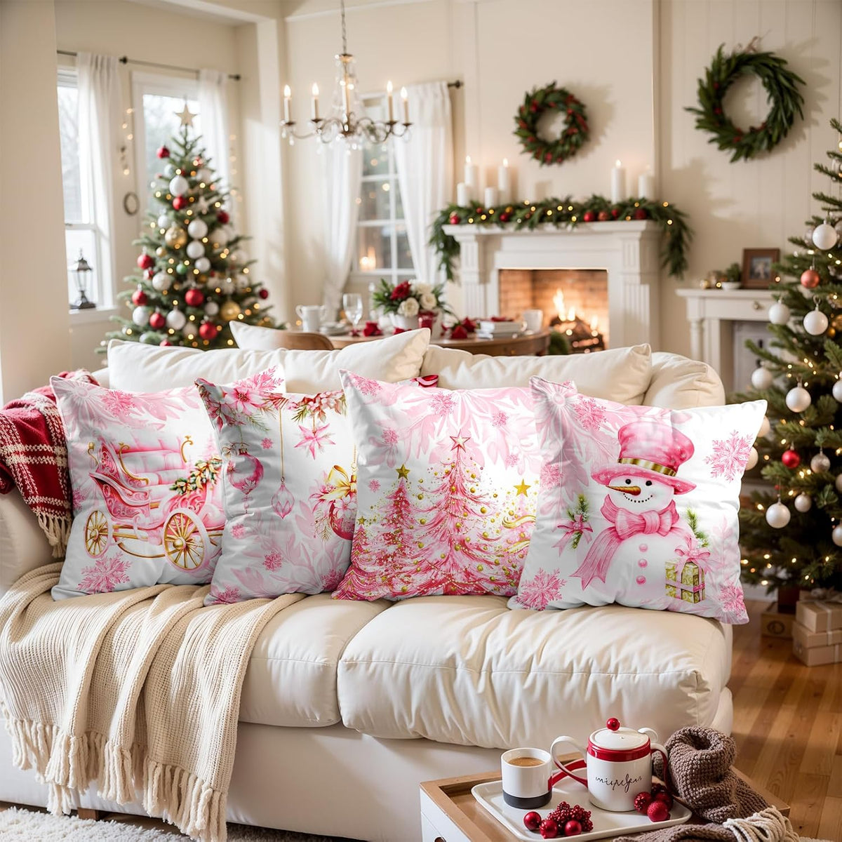 Christmas Pillow Covers 18x18 Set of 4,Cute Snowman Throw Pillow Covers Velvet Pink,Christmas Decor for Home Couch Cushion Sofa Living Room