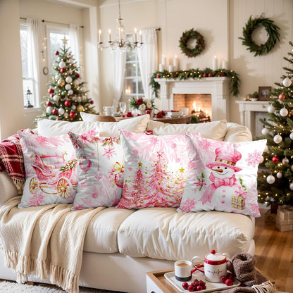 Christmas Pillow Covers 18x18 Set of 4,Cute Snowman Throw Pillow Covers Velvet Pink,Christmas Decor for Home Couch Cushion Sofa Living Room