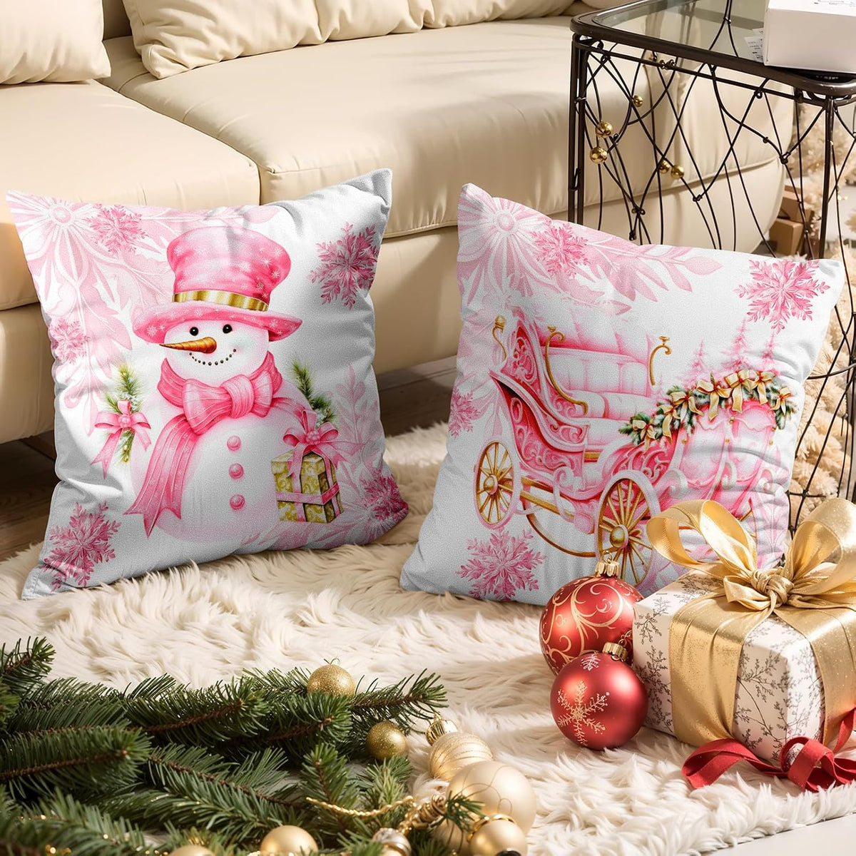 Christmas Pillow Covers 18x18 Set of 4,Cute Snowman Throw Pillow Covers Velvet Pink,Christmas Decor for Home Couch Cushion Sofa Living Room
