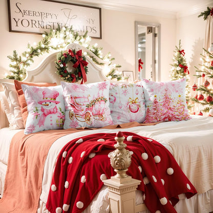 Christmas Pillow Covers 18x18 Set of 4,Cute Snowman Throw Pillow Covers Velvet Pink,Christmas Decor for Home Couch Cushion Sofa Living Room