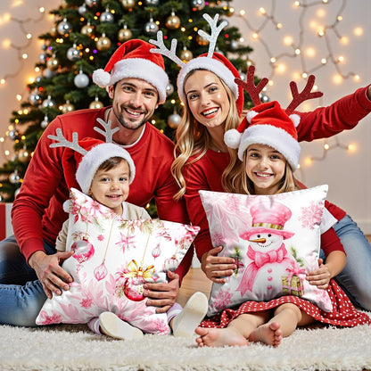 Christmas Pillow Covers 18x18 Set of 4,Cute Snowman Throw Pillow Covers Velvet Pink,Christmas Decor for Home Couch Cushion Sofa Living Room