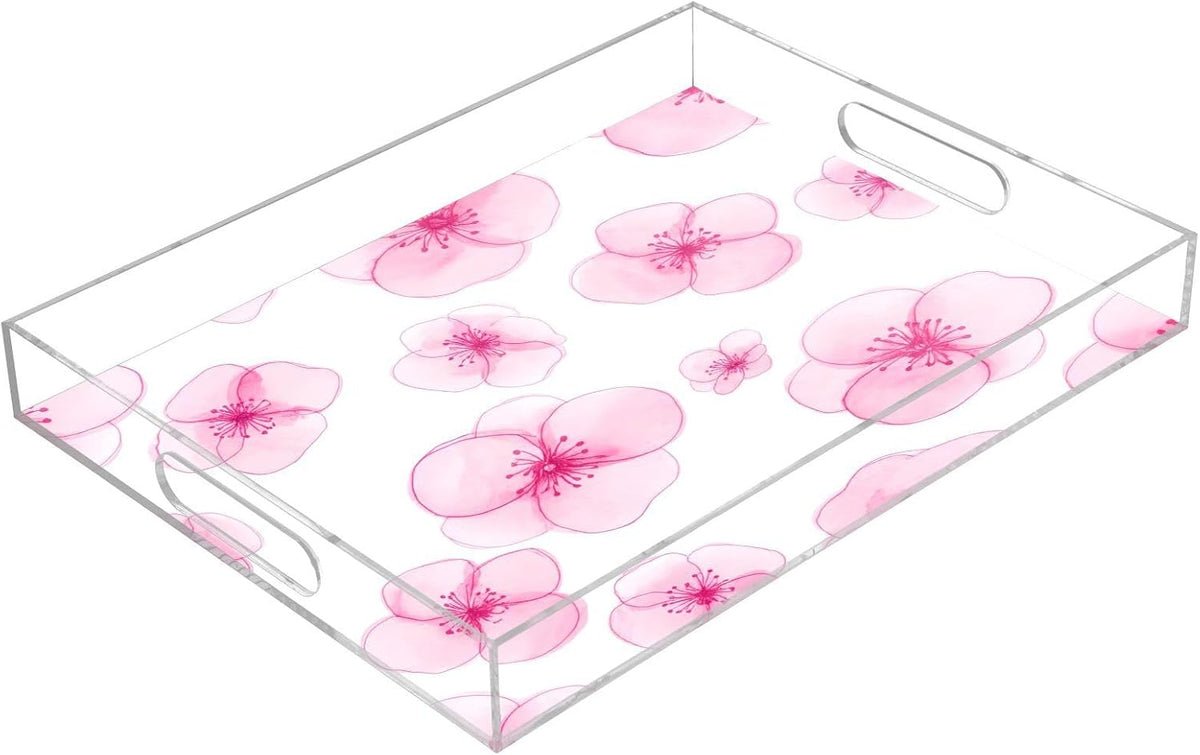 Peach Flowers Acrylic Serving Tray with Handles 15.7 x 11.8 x 1.9 inch Spill Proof Decorative Tray Countertop Organizer for Living Room Bathroom Ottoman Coffee Tables