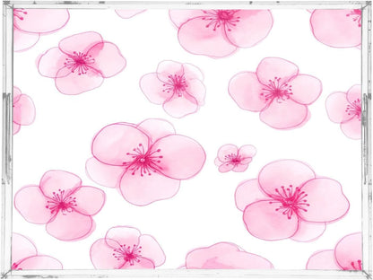 Peach Flowers Acrylic Serving Tray with Handles 15.7 x 11.8 x 1.9 inch Spill Proof Decorative Tray Countertop Organizer for Living Room Bathroom Ottoman Coffee Tables