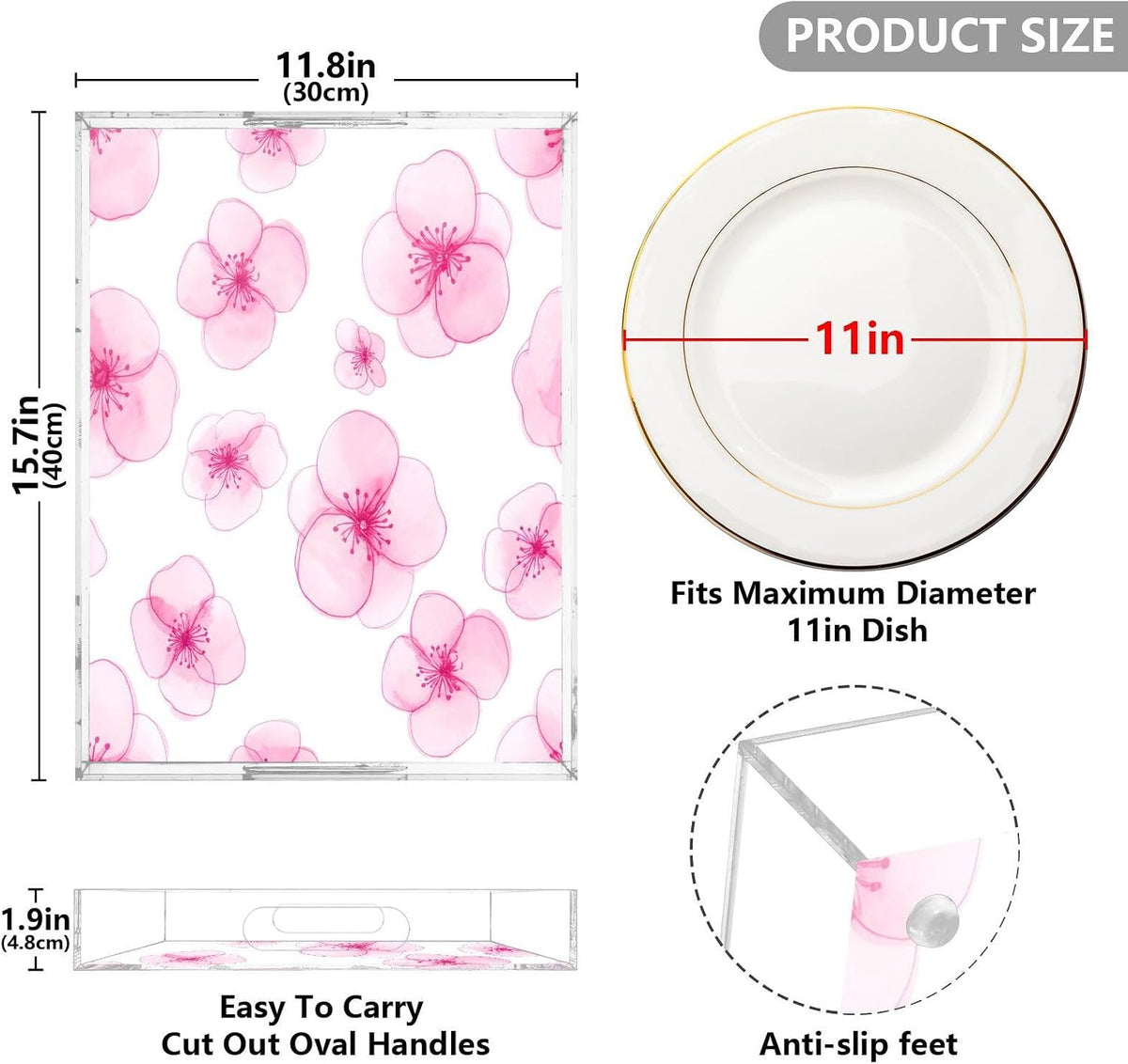 Peach Flowers Acrylic Serving Tray with Handles 15.7 x 11.8 x 1.9 inch Spill Proof Decorative Tray Countertop Organizer for Living Room Bathroom Ottoman Coffee Tables