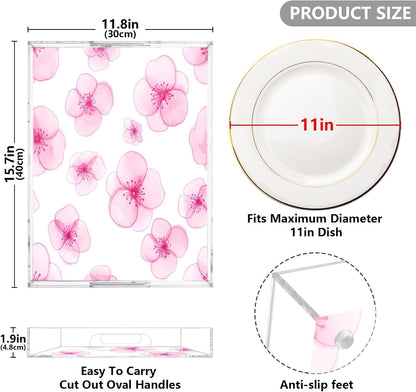 Peach Flowers Acrylic Serving Tray with Handles 15.7 x 11.8 x 1.9 inch Spill Proof Decorative Tray Countertop Organizer for Living Room Bathroom Ottoman Coffee Tables