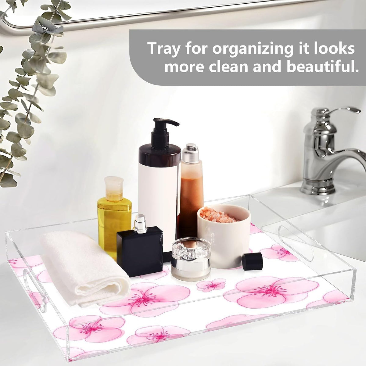 Peach Flowers Acrylic Serving Tray with Handles 15.7 x 11.8 x 1.9 inch Spill Proof Decorative Tray Countertop Organizer for Living Room Bathroom Ottoman Coffee Tables