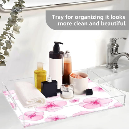 Peach Flowers Acrylic Serving Tray with Handles 15.7 x 11.8 x 1.9 inch Spill Proof Decorative Tray Countertop Organizer for Living Room Bathroom Ottoman Coffee Tables