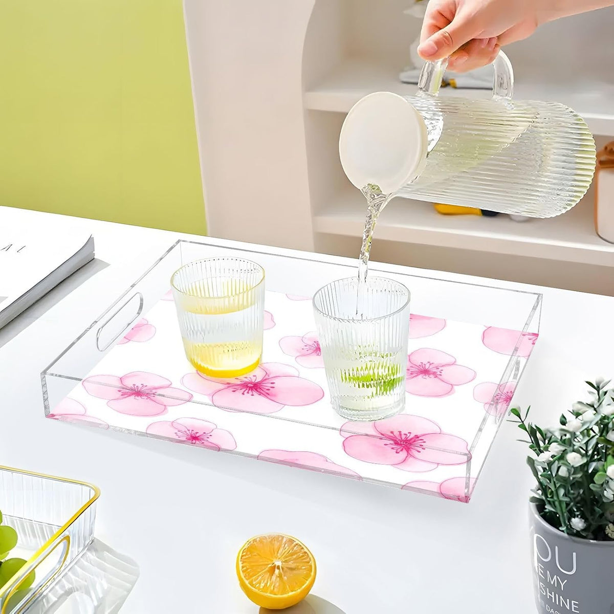 Peach Flowers Acrylic Serving Tray with Handles 15.7 x 11.8 x 1.9 inch Spill Proof Decorative Tray Countertop Organizer for Living Room Bathroom Ottoman Coffee Tables
