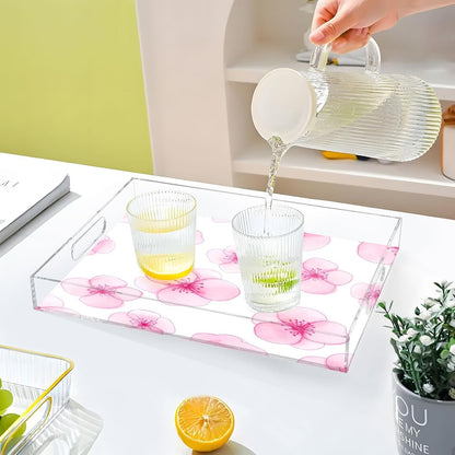 Peach Flowers Acrylic Serving Tray with Handles 15.7 x 11.8 x 1.9 inch Spill Proof Decorative Tray Countertop Organizer for Living Room Bathroom Ottoman Coffee Tables