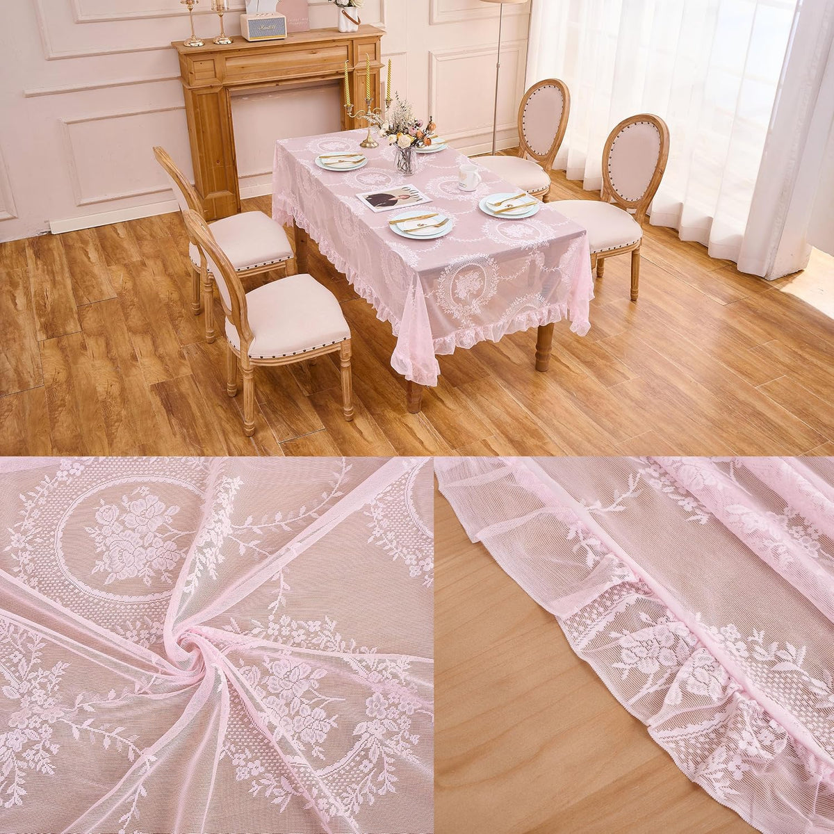 Pink Lace Tablecloth Vintage Table Cloth (Pink,55”x70”,Rectangular)