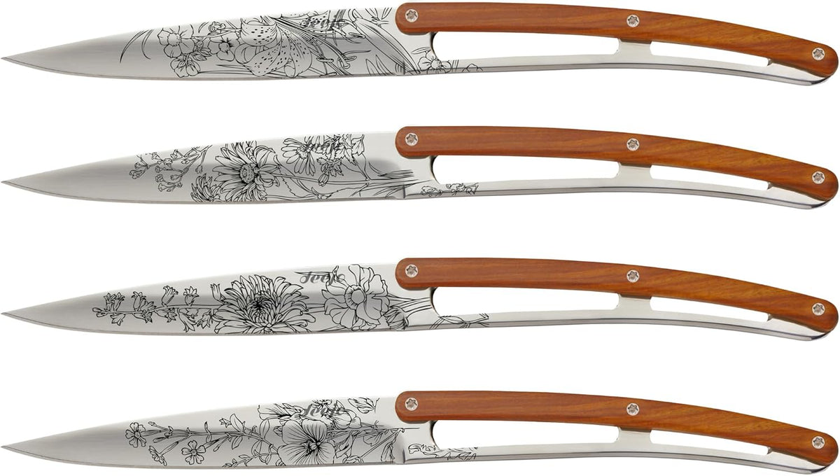 Set of 4 Steak Knives - Blossom Design, 9.55-Inch, Stainless Steel Blade, Mirror Finish, Coral Wood Handle - 2 oz Non-Folding Stunning Table Knives
