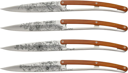 Set of 4 Steak Knives - Blossom Design, 9.55-Inch, Stainless Steel Blade, Mirror Finish, Coral Wood Handle - 2 oz Non-Folding Stunning Table Knives