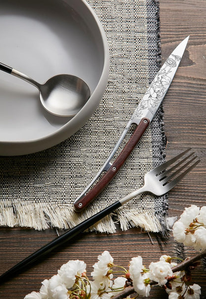 Set of 4 Steak Knives - Blossom Design, 9.55-Inch, Stainless Steel Blade, Mirror Finish, Coral Wood Handle - 2 oz Non-Folding Stunning Table Knives