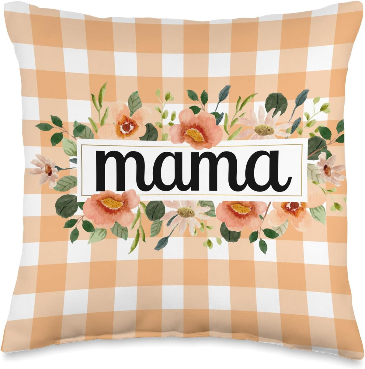 Peach Gingham Check With Peach Flowers For Mama Throw Pillow